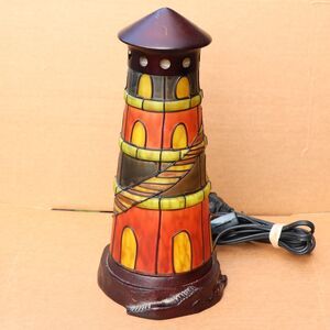 Stained Glass Lighthouse Lamp 11" x 5" Metal Base
